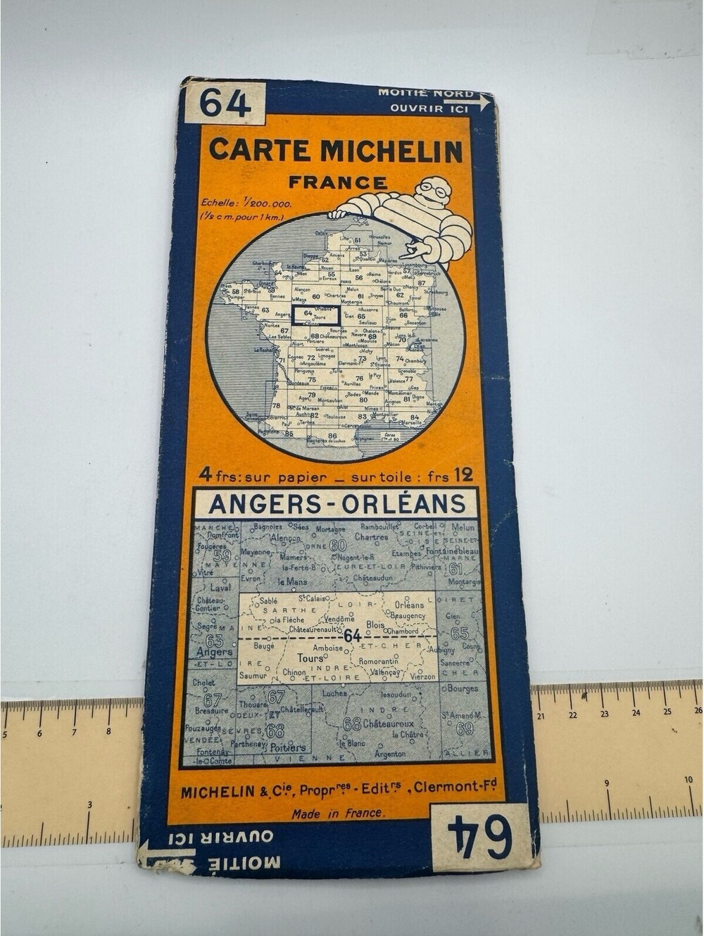 Vintage Michelin France Map 64 Angers Orleans Bibendum Michelin Man Folding Road